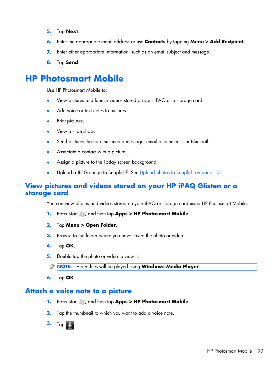 Hp photosmart mobile, Attach a voice note to a picture | HP iPAQ Glisten-AT&T User Manual | Page 111 / 185