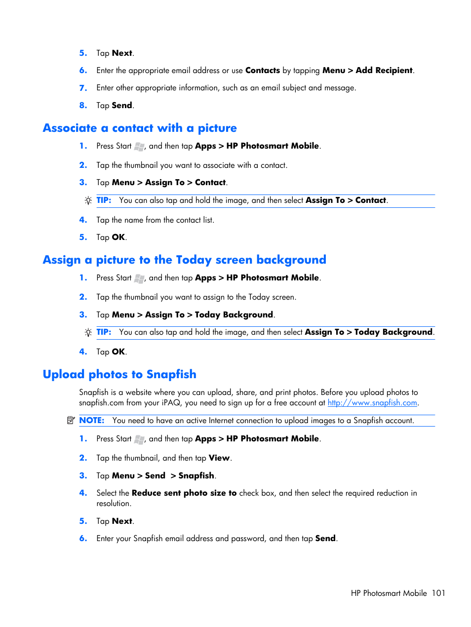 Associate a contact with a picture, Assign a picture to the today screen background, Upload photos to snapfish | HP iPAQ Glisten-AT&T User Manual | Page 113 / 185