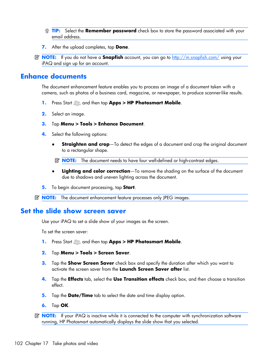 Enhance documents, Set the slide show screen saver, Enhance documents set the slide show screen saver | HP iPAQ Glisten-AT&T User Manual | Page 114 / 185