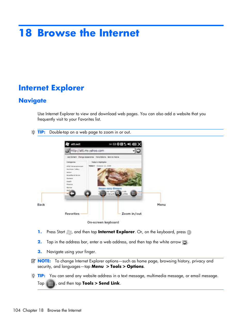 Browse the internet, Internet explorer, Navigate | 18 browse the internet | HP iPAQ Glisten-AT&T User Manual | Page 116 / 185