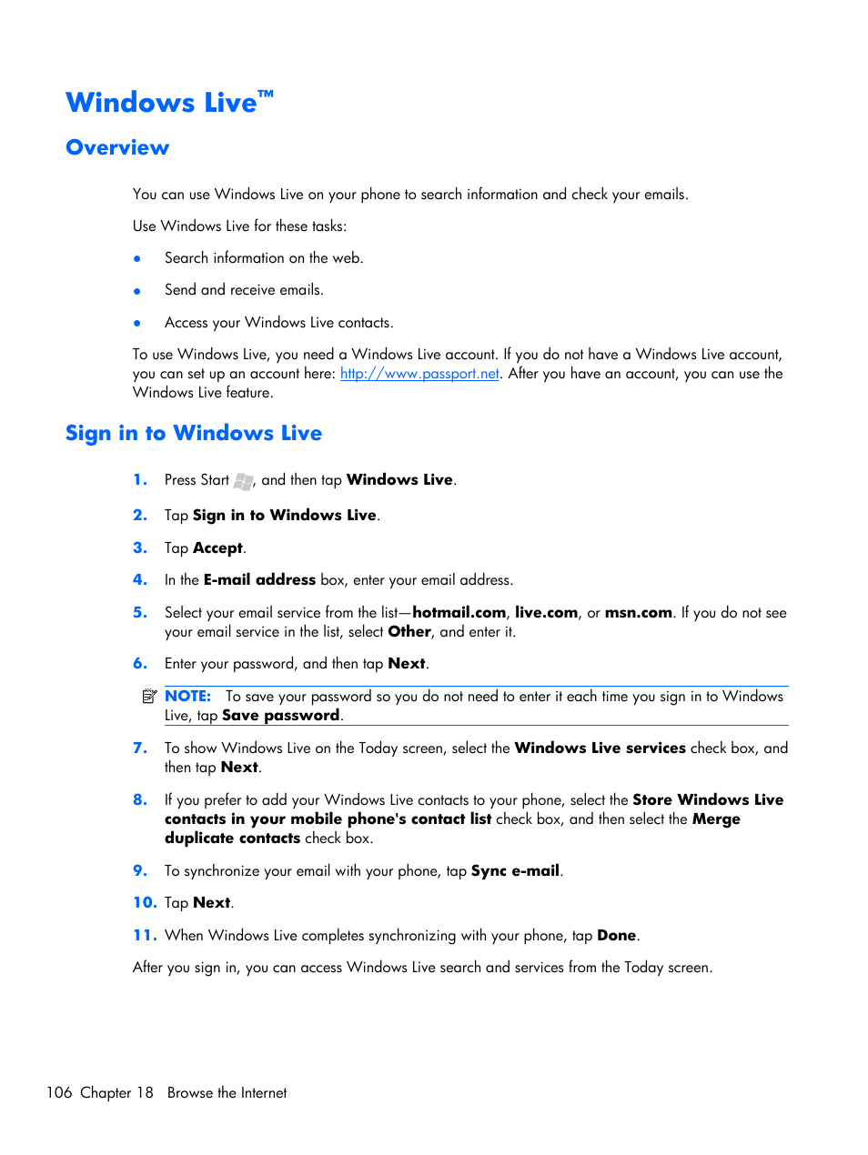 Windows live, Overview, Sign in to windows live | Overview sign in to windows live | HP iPAQ Glisten-AT&T User Manual | Page 118 / 185