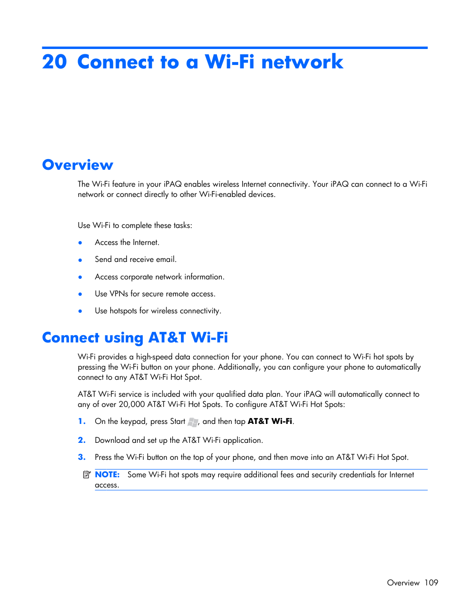 Connect to a wi-fi network, Overview, Connect using at&t wi-fi | 20 connect to a wi-fi network, Overview connect using at&t wi-fi | HP iPAQ Glisten-AT&T User Manual | Page 121 / 185