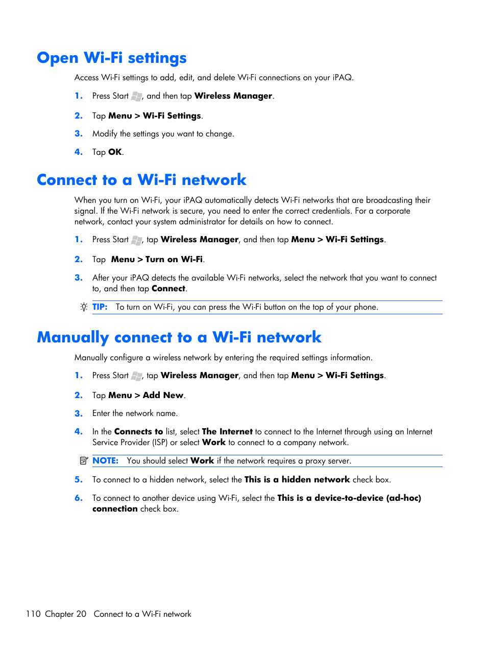 Open wi‑fi settings, Connect to a wi‑fi network, Manually connect to a wi‑fi network | Open wi-fi settings, Connect to a wi-fi network, Manually connect to a wi-fi network | HP iPAQ Glisten-AT&T User Manual | Page 122 / 185