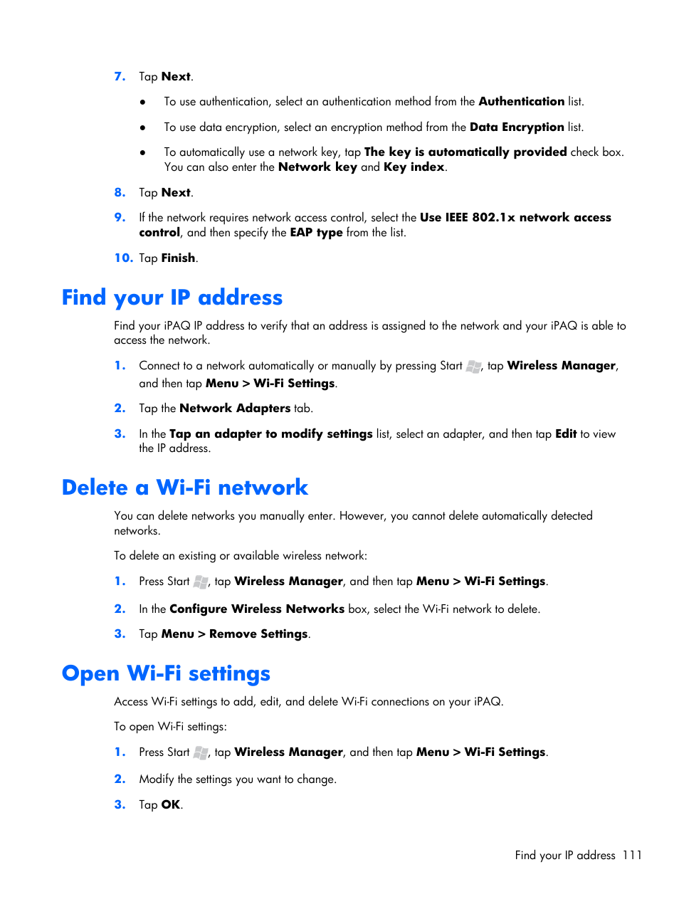 Find your ip address, Delete a wi‑fi network, Open wi‑fi settings | Delete a wi-fi network, Open wi-fi settings | HP iPAQ Glisten-AT&T User Manual | Page 123 / 185