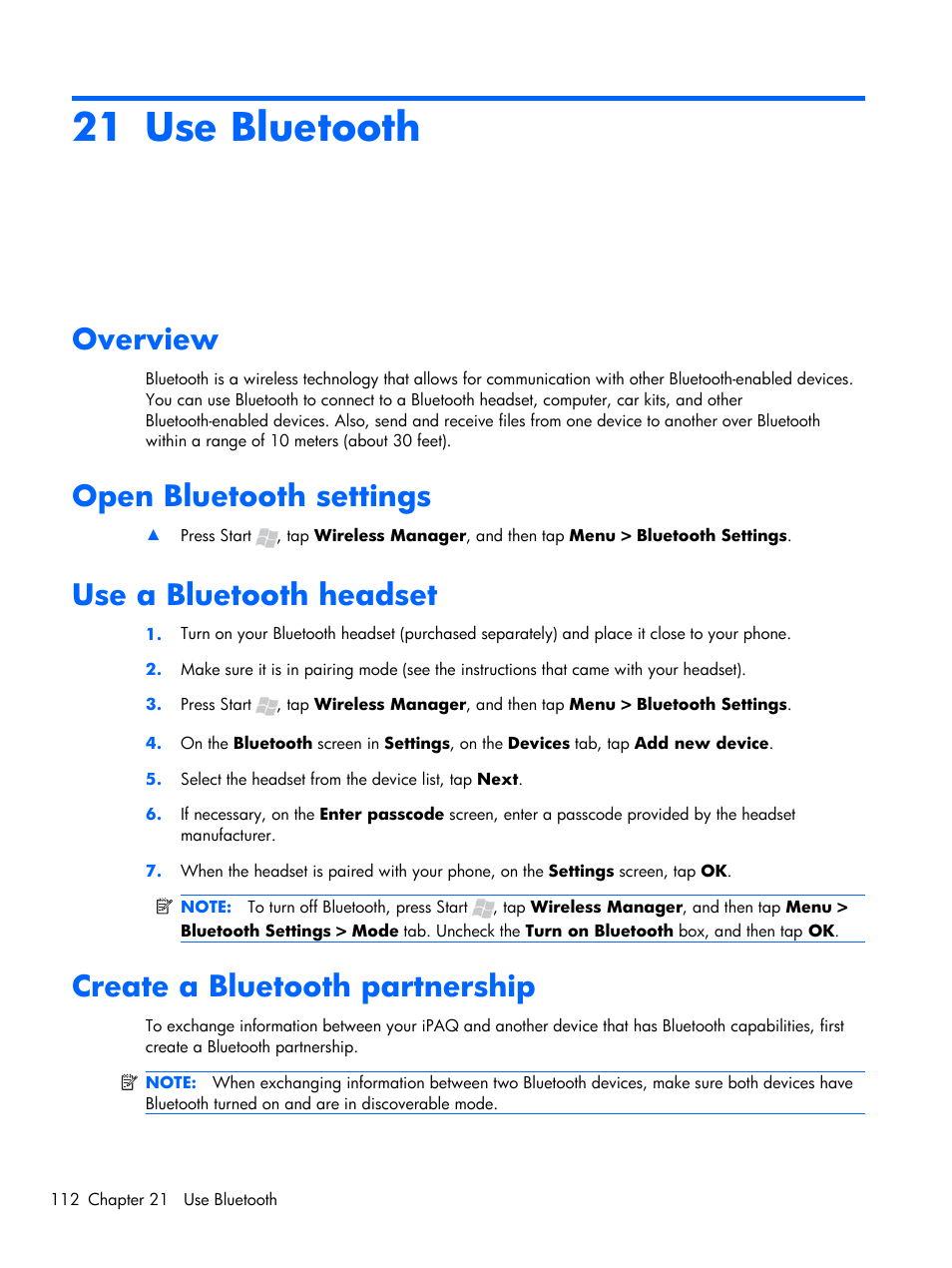 Use bluetooth, Overview, Open bluetooth settings | Use a bluetooth headset, Create a bluetooth partnership, 21 use bluetooth | HP iPAQ Glisten-AT&T User Manual | Page 124 / 185