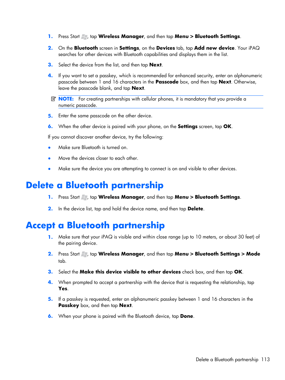 Delete a bluetooth partnership, Accept a bluetooth partnership | HP iPAQ Glisten-AT&T User Manual | Page 125 / 185