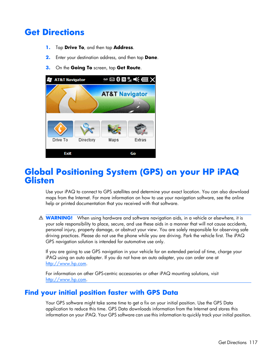Get directions, Find your initial position faster with gps data | HP iPAQ Glisten-AT&T User Manual | Page 129 / 185
