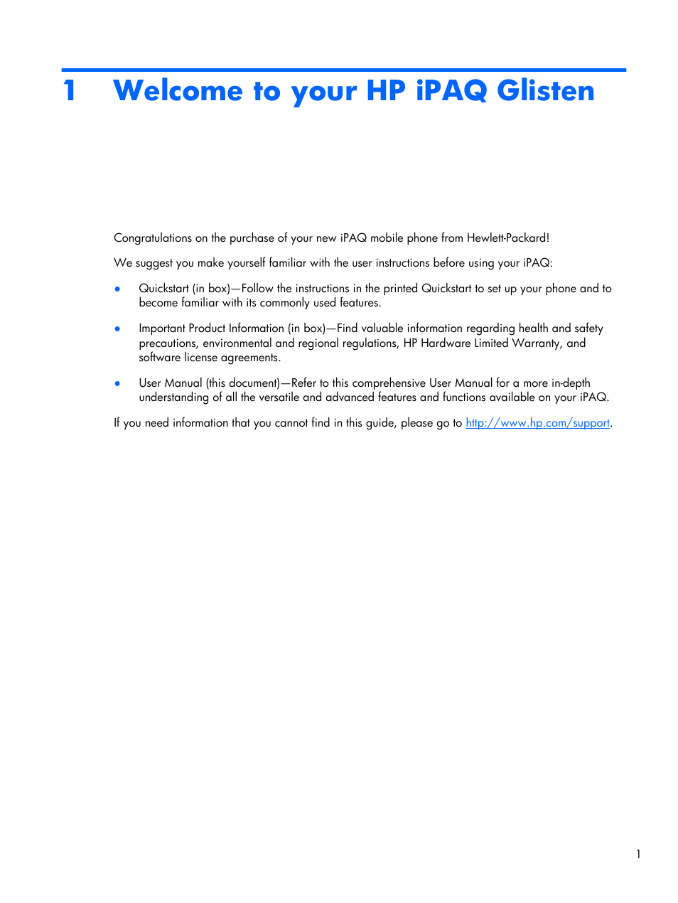 Welcome to your hp ipaq glisten, 1 welcome to your hp ipaq glisten | HP iPAQ Glisten-AT&T User Manual | Page 13 / 185