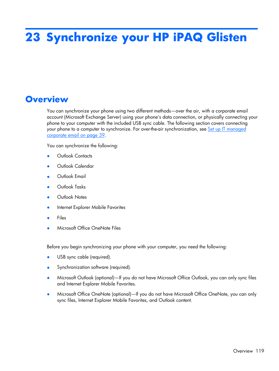 Synchronize your hp ipaq glisten, Overview, 23 synchronize your hp ipaq glisten | HP iPAQ Glisten-AT&T User Manual | Page 131 / 185