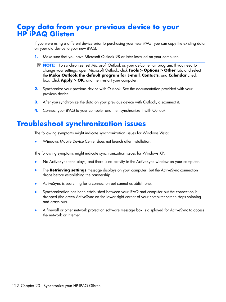 Troubleshoot synchronization issues | HP iPAQ Glisten-AT&T User Manual | Page 134 / 185