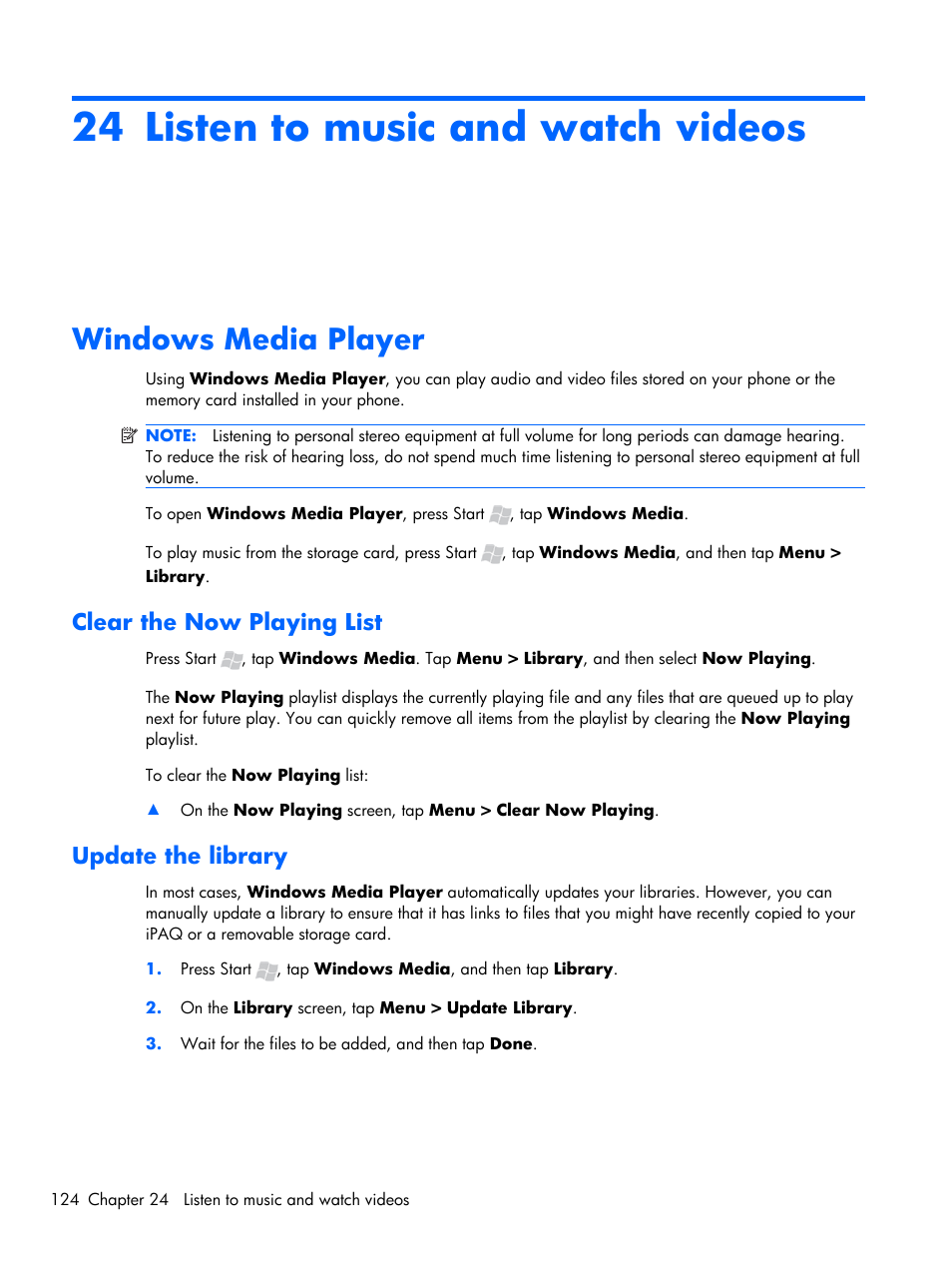 Listen to music and watch videos, Windows media player, Clear the now playing list | Update the library, 24 listen to music and watch videos, Clear the now playing list update the library | HP iPAQ Glisten-AT&T User Manual | Page 136 / 185