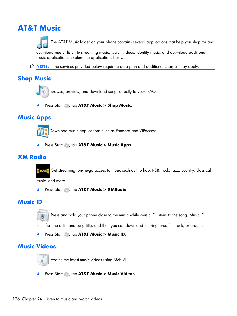 At&t music, Shop music, Music apps | Xm radio, Music id, Music videos | HP iPAQ Glisten-AT&T User Manual | Page 138 / 185