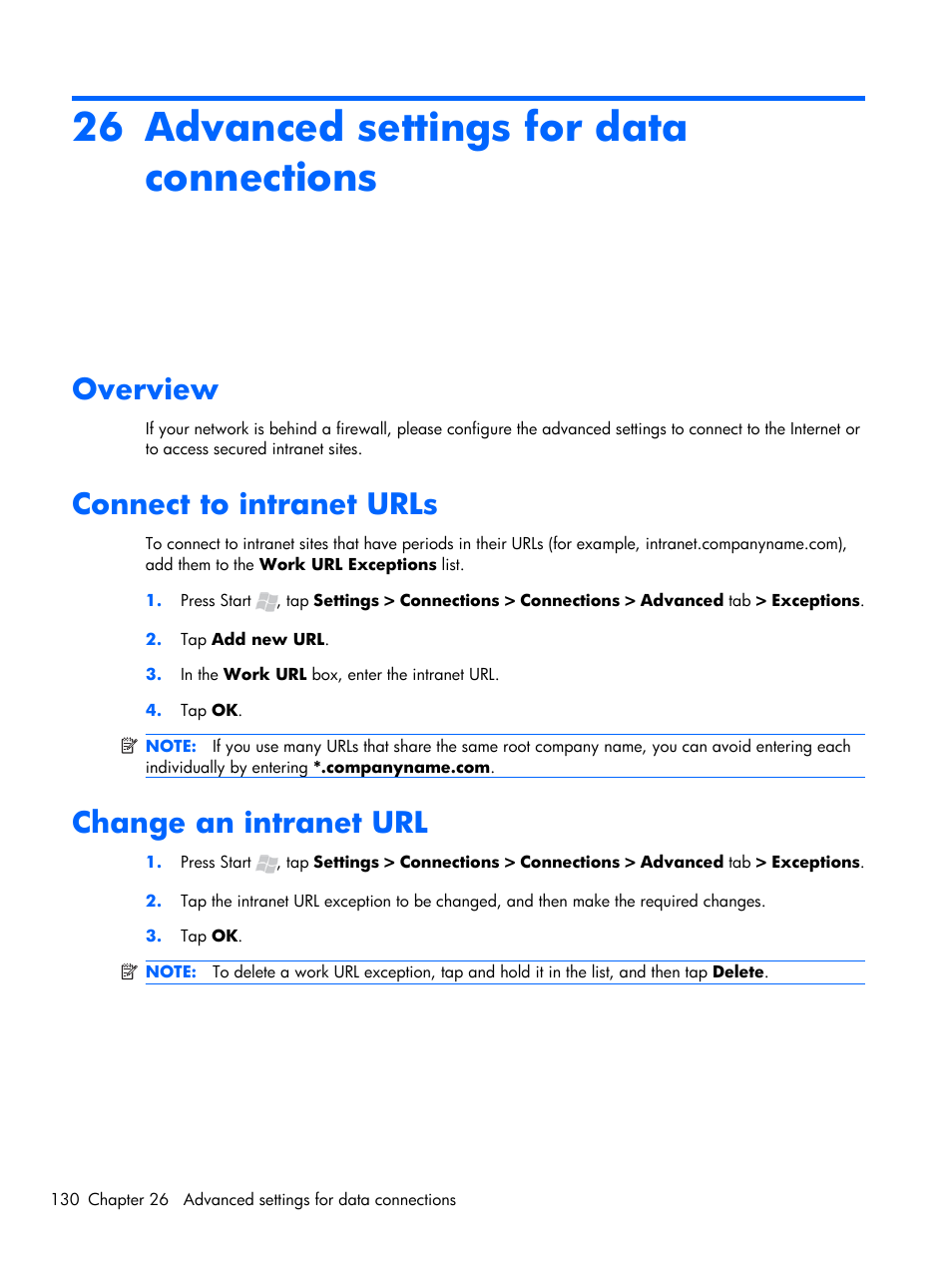 Advanced settings for data connections, Overview, Connect to intranet urls | Change an intranet url, 26 advanced settings for data connections | HP iPAQ Glisten-AT&T User Manual | Page 142 / 185