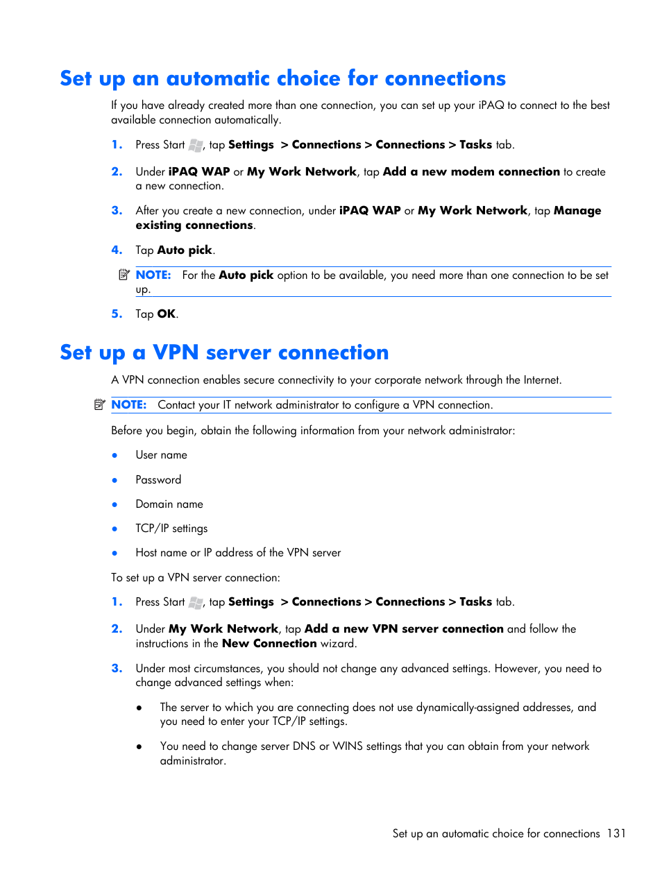Set up an automatic choice for connections, Set up a vpn server connection | HP iPAQ Glisten-AT&T User Manual | Page 143 / 185