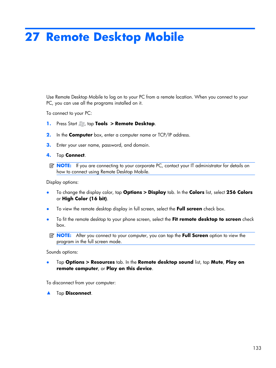 Remote desktop mobile, 27 remote desktop mobile | HP iPAQ Glisten-AT&T User Manual | Page 145 / 185