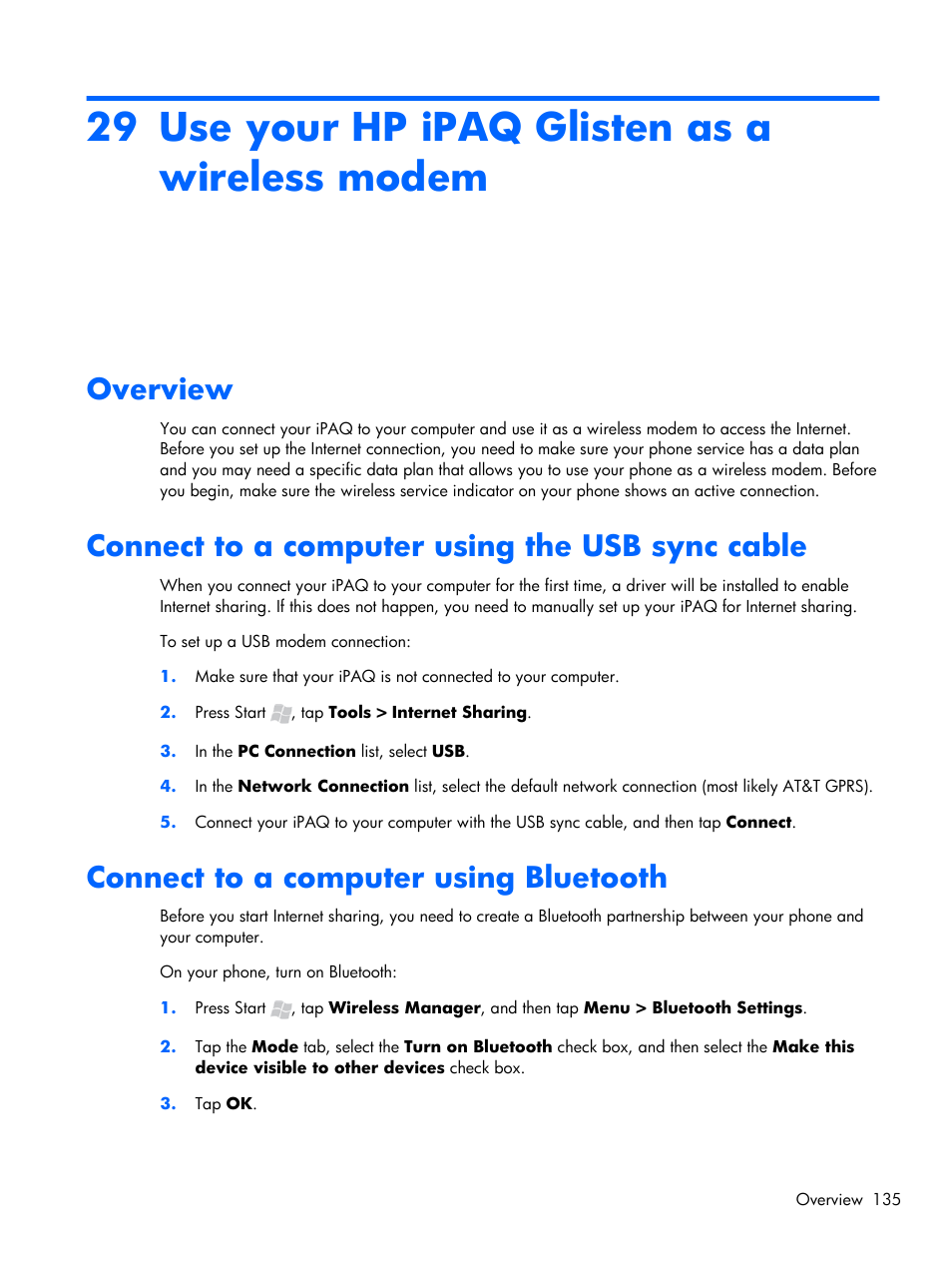 Use your hp ipaq glisten as a wireless modem, Overview, Connect to a computer using the usb sync cable | Connect to a computer using bluetooth, 29 use your hp ipaq glisten as a wireless modem | HP iPAQ Glisten-AT&T User Manual | Page 147 / 185