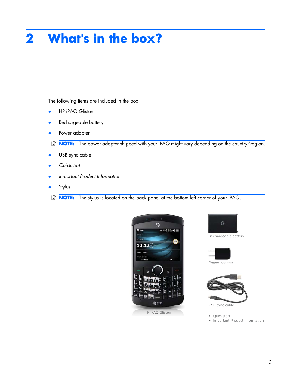 What's in the box, 2 what's in the box | HP iPAQ Glisten-AT&T User Manual | Page 15 / 185