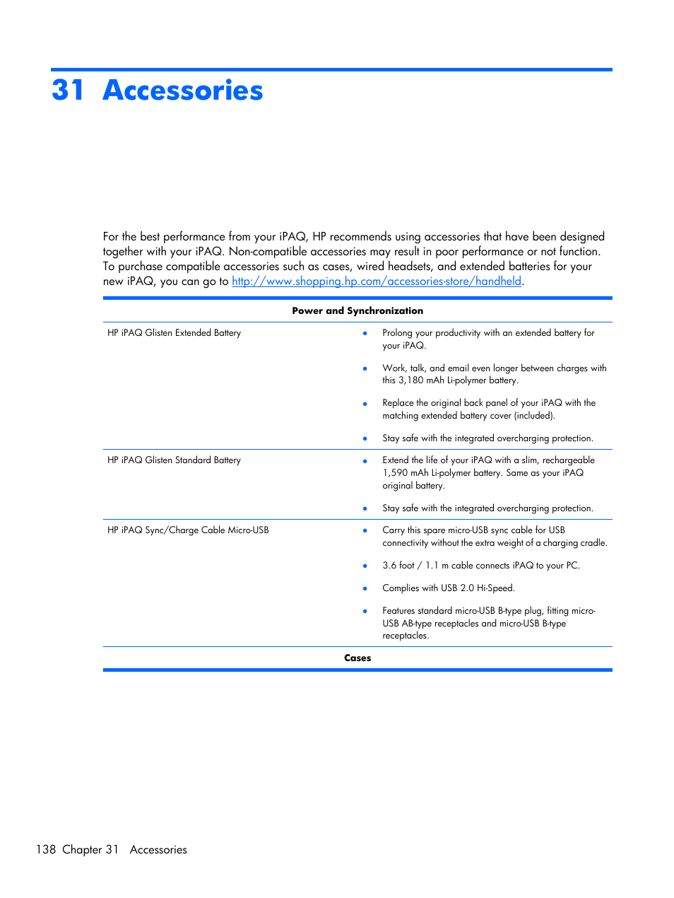 Accessories, 31 accessories | HP iPAQ Glisten-AT&T User Manual | Page 150 / 185