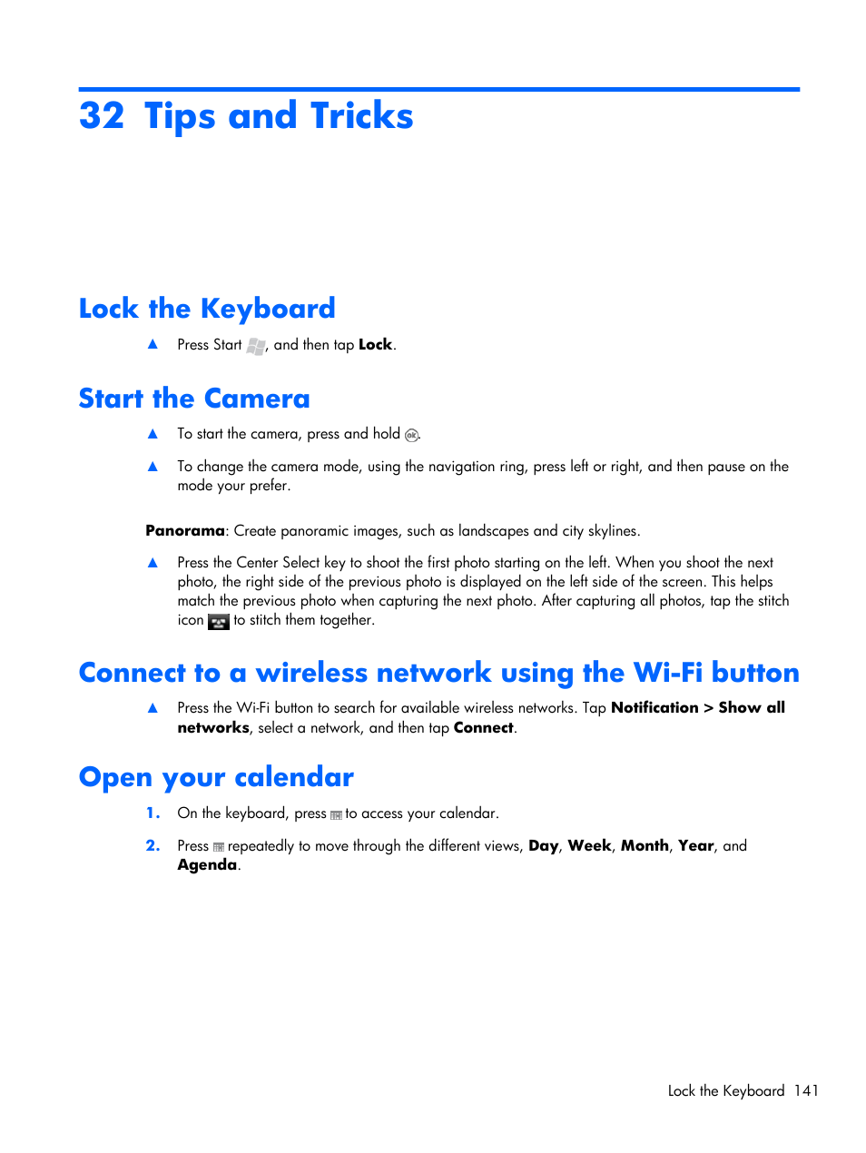 Tips and tricks, Lock the keyboard, Start the camera | Open your calendar, 32 tips and tricks | HP iPAQ Glisten-AT&T User Manual | Page 153 / 185