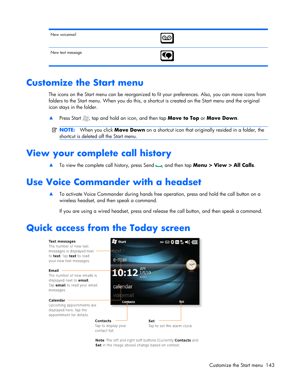 Customize the start menu, View your complete call history, Use voice commander with a headset | Quick access from the today screen | HP iPAQ Glisten-AT&T User Manual | Page 155 / 185