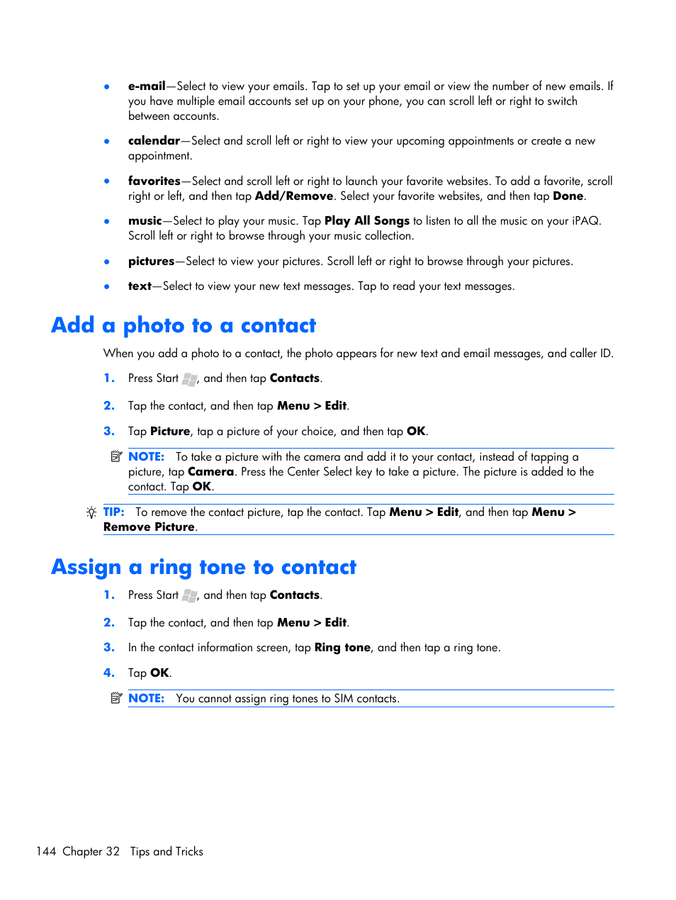 Add a photo to a contact, Assign a ring tone to contact | HP iPAQ Glisten-AT&T User Manual | Page 156 / 185