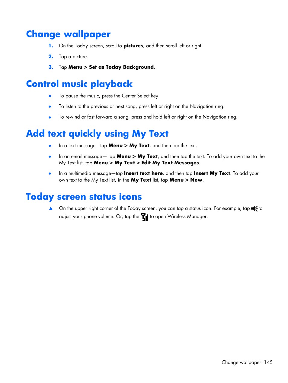 Change wallpaper, Control music playback, Add text quickly using my text | Today screen status icons | HP iPAQ Glisten-AT&T User Manual | Page 157 / 185