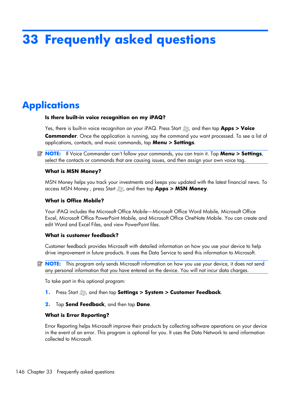 Frequently asked questions, Applications, 33 frequently asked questions | HP iPAQ Glisten-AT&T User Manual | Page 158 / 185