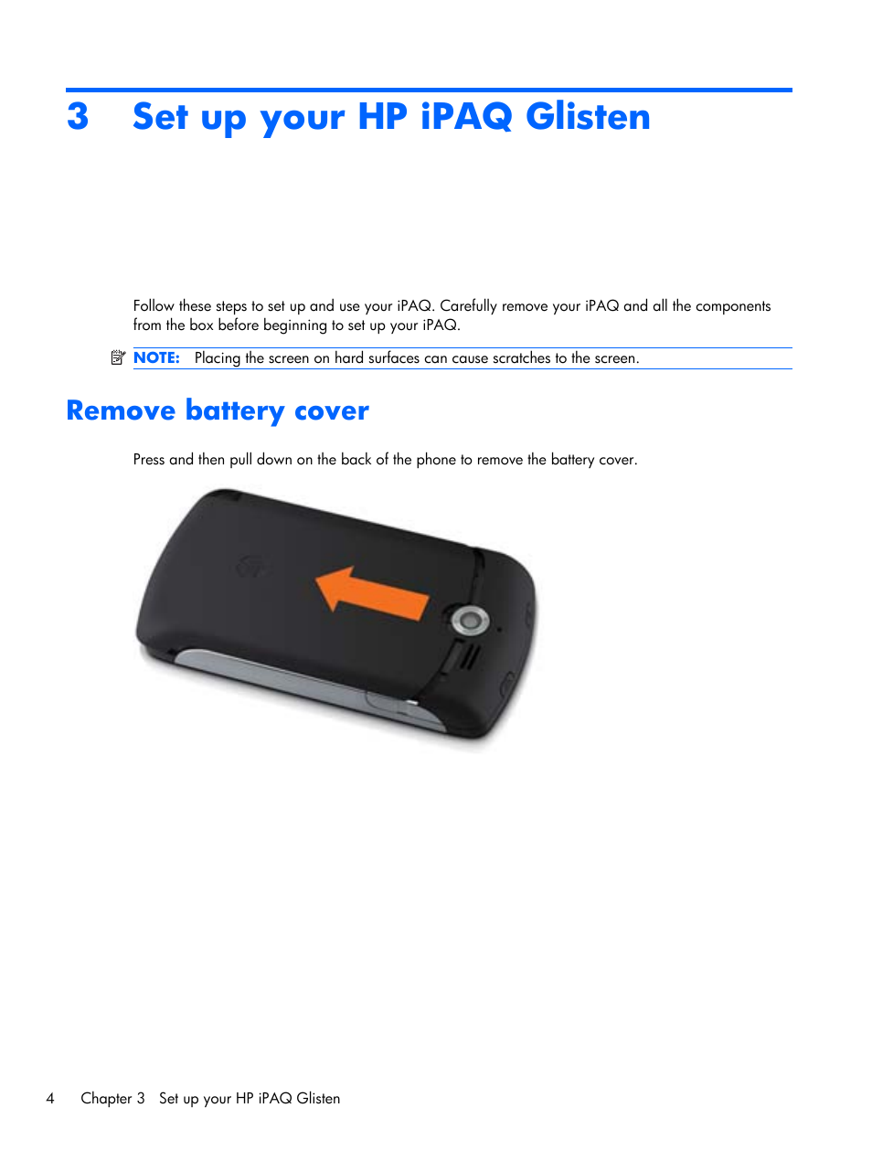 Set up your hp ipaq glisten, Remove battery cover, 3 set up your hp ipaq glisten | HP iPAQ Glisten-AT&T User Manual | Page 16 / 185