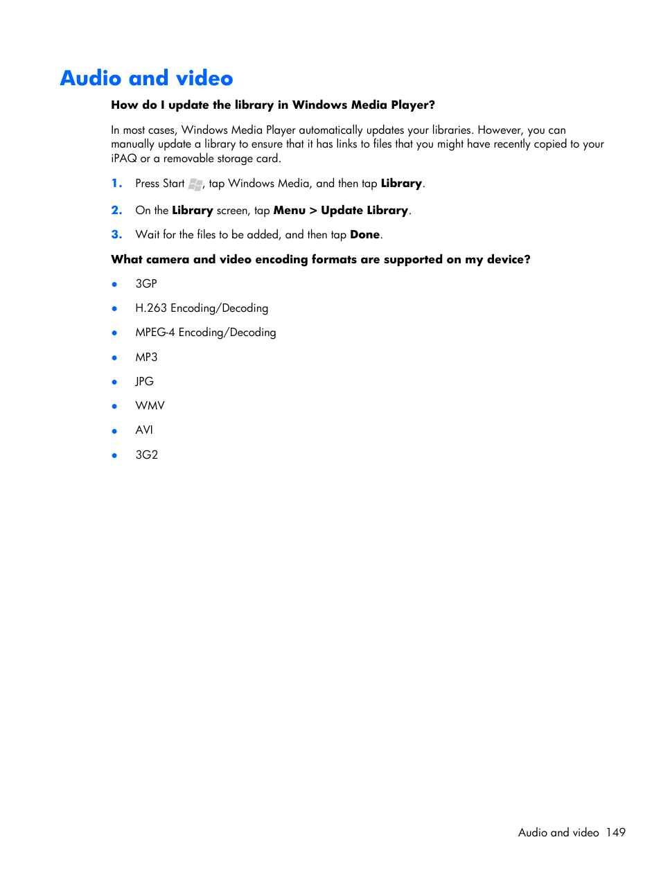 Audio and video | HP iPAQ Glisten-AT&T User Manual | Page 161 / 185