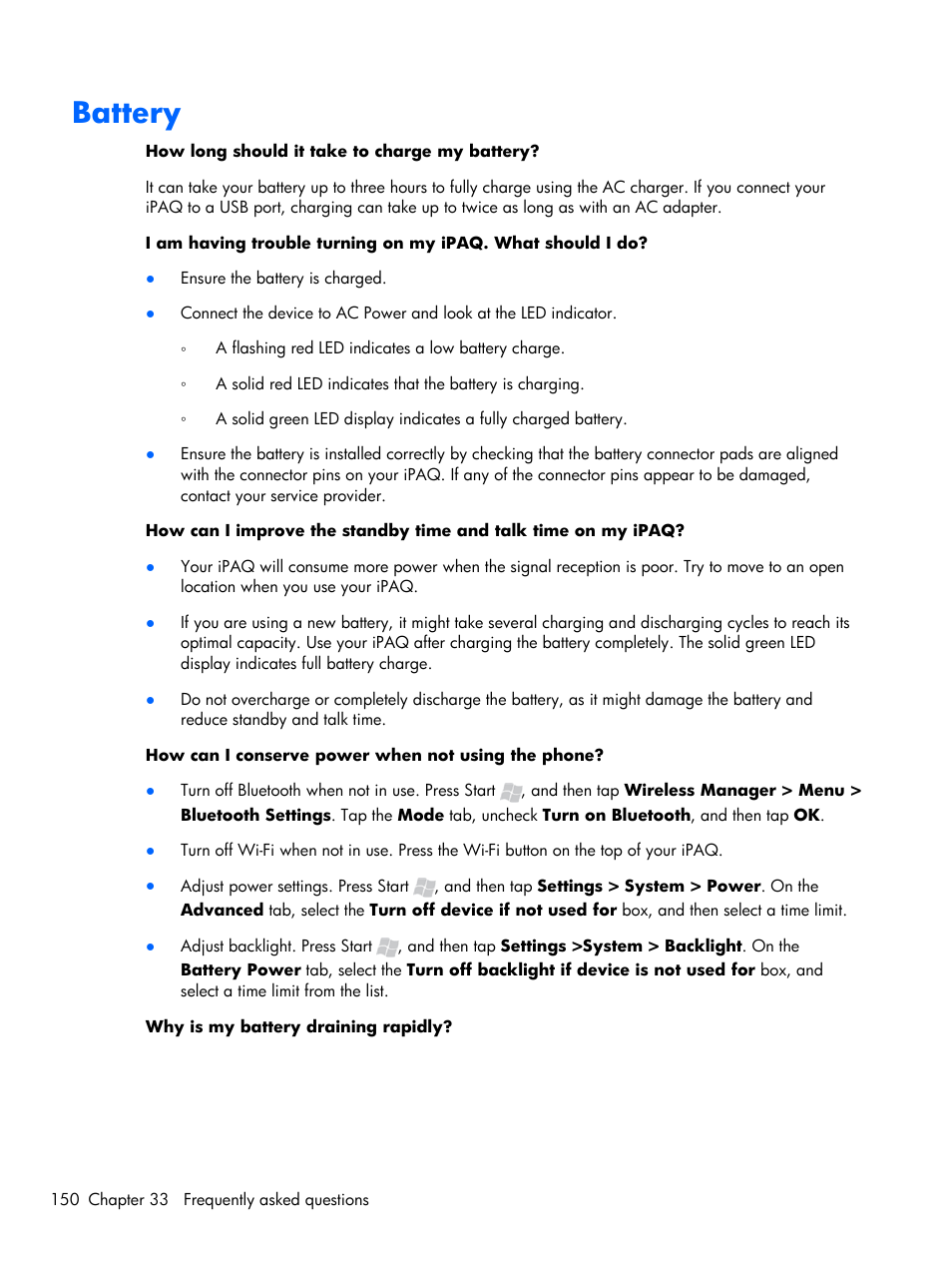 Battery | HP iPAQ Glisten-AT&T User Manual | Page 162 / 185