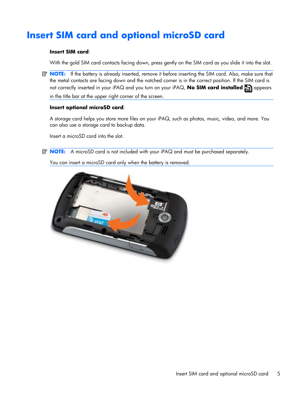 Insert sim card and optional microsd card | HP iPAQ Glisten-AT&T User Manual | Page 17 / 185