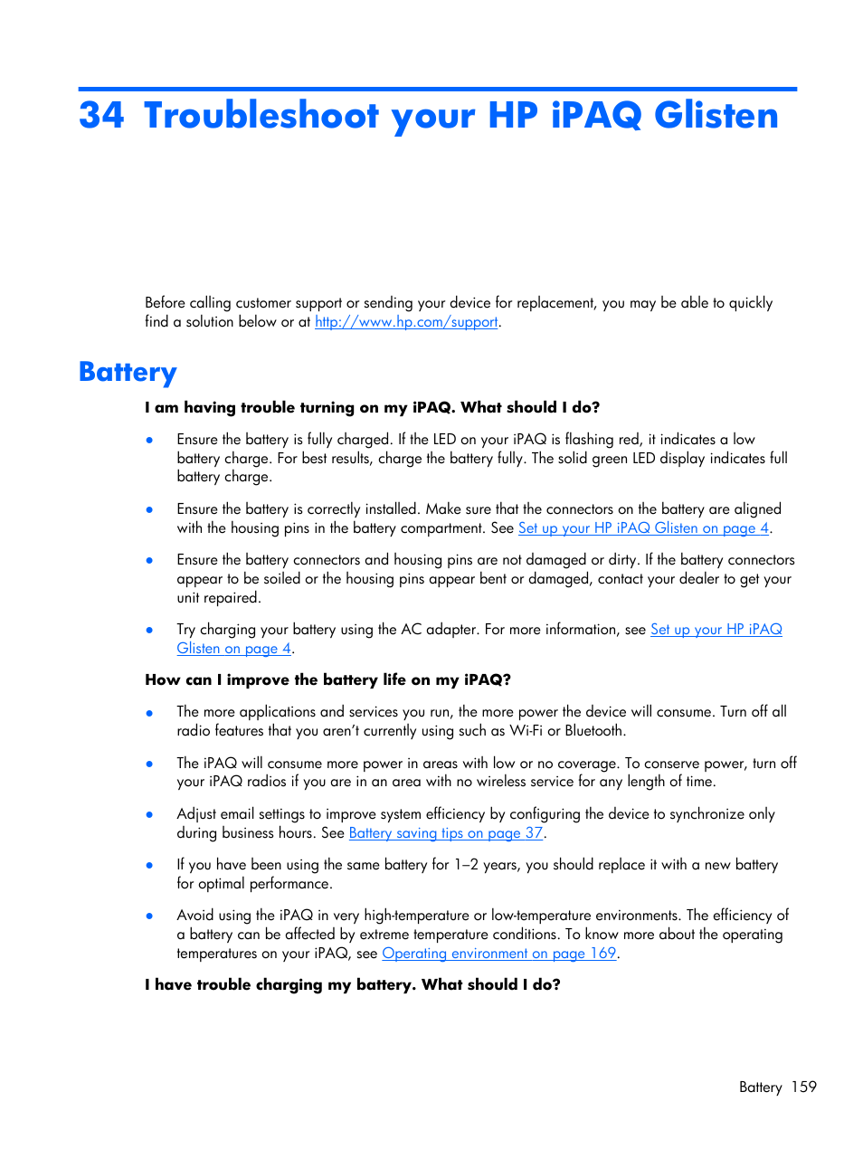 Troubleshoot your hp ipaq glisten, Battery, 34 troubleshoot your hp ipaq glisten | HP iPAQ Glisten-AT&T User Manual | Page 171 / 185