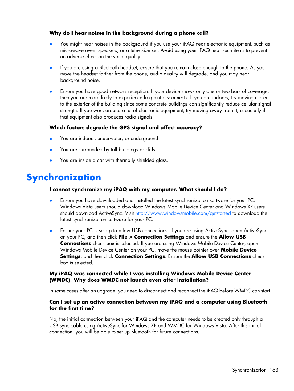 Synchronization | HP iPAQ Glisten-AT&T User Manual | Page 175 / 185