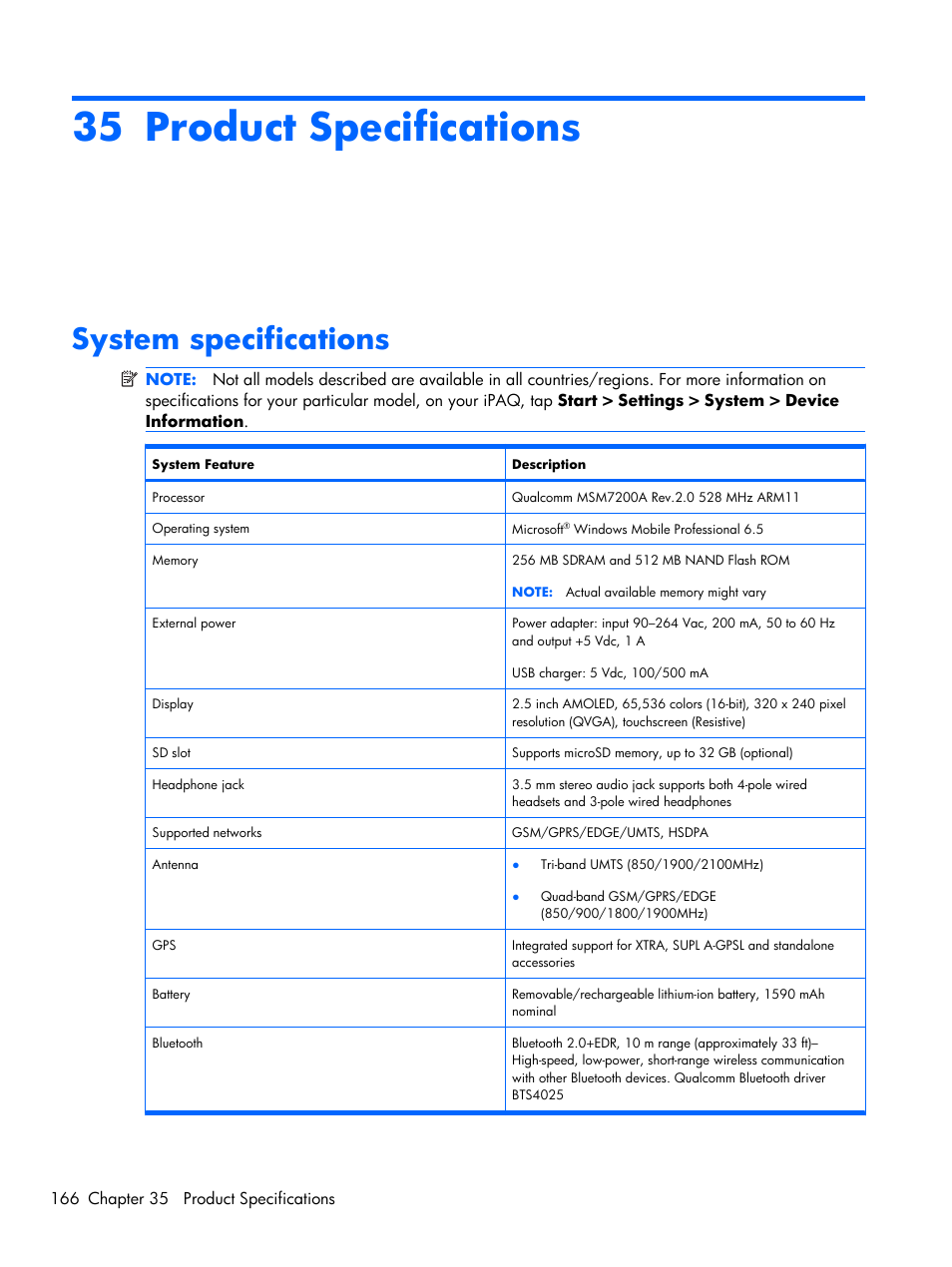 Product specifications, System specifications, 35 product specifications | HP iPAQ Glisten-AT&T User Manual | Page 178 / 185