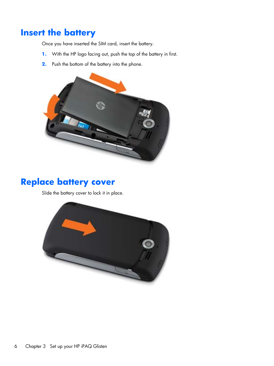 Insert the battery, Replace battery cover, Insert the battery replace battery cover | HP iPAQ Glisten-AT&T User Manual | Page 18 / 185