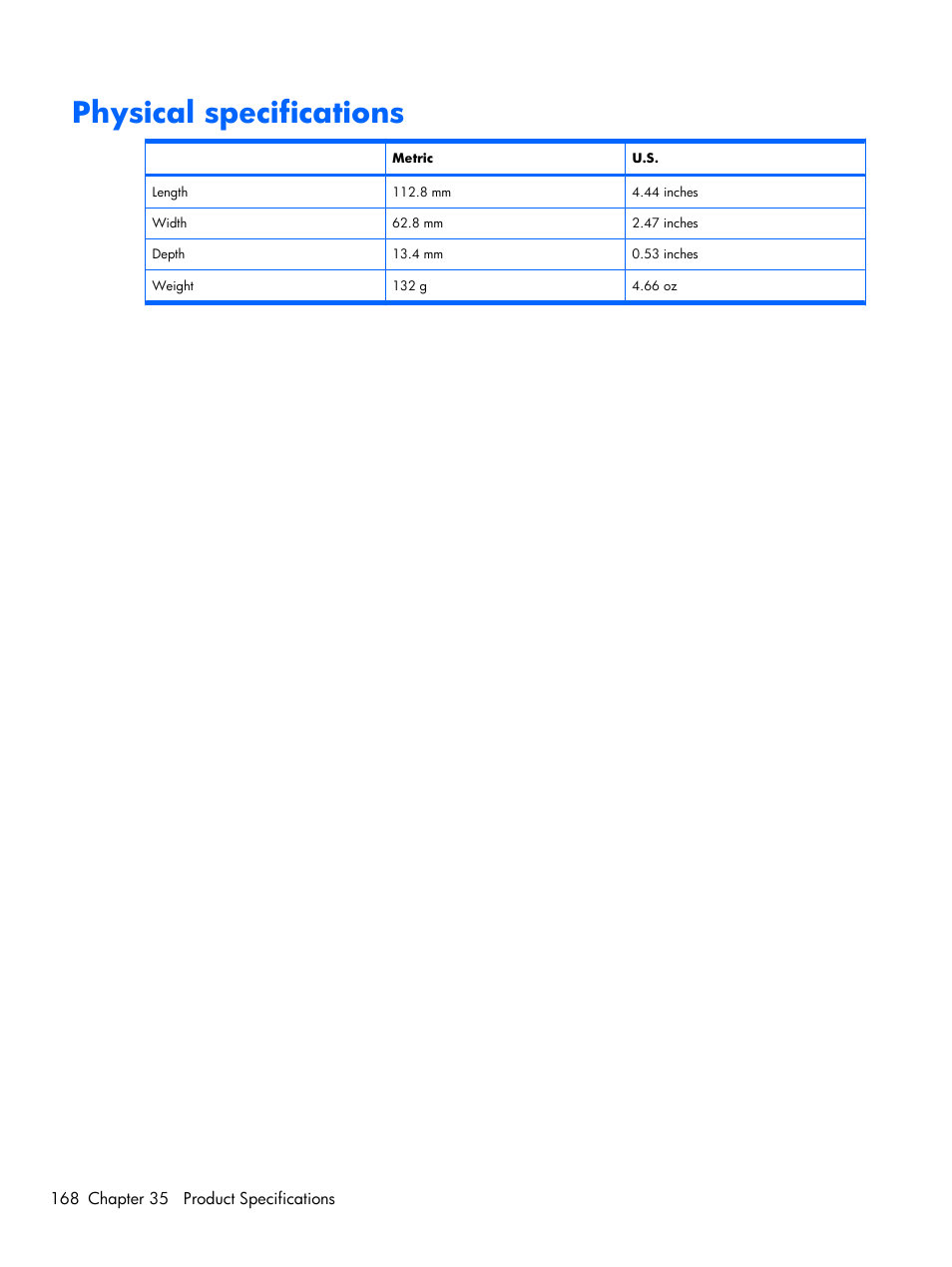 Physical specifications | HP iPAQ Glisten-AT&T User Manual | Page 180 / 185