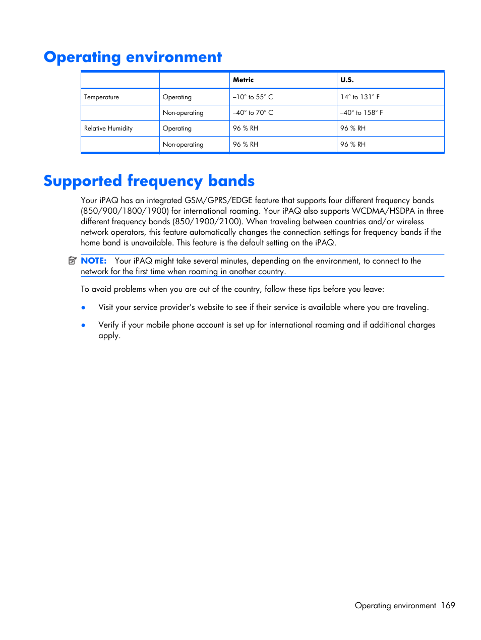 Operating environment, Supported frequency bands, Operating environment supported frequency bands | HP iPAQ Glisten-AT&T User Manual | Page 181 / 185