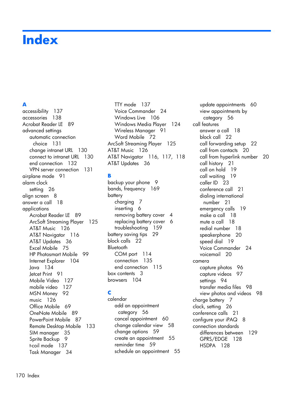 Index | HP iPAQ Glisten-AT&T User Manual | Page 182 / 185