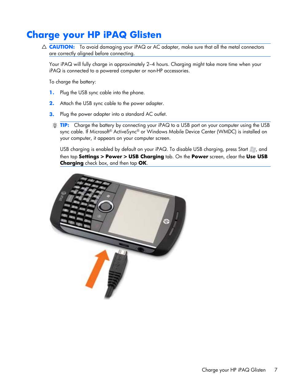 Charge your hp ipaq glisten | HP iPAQ Glisten-AT&T User Manual | Page 19 / 185