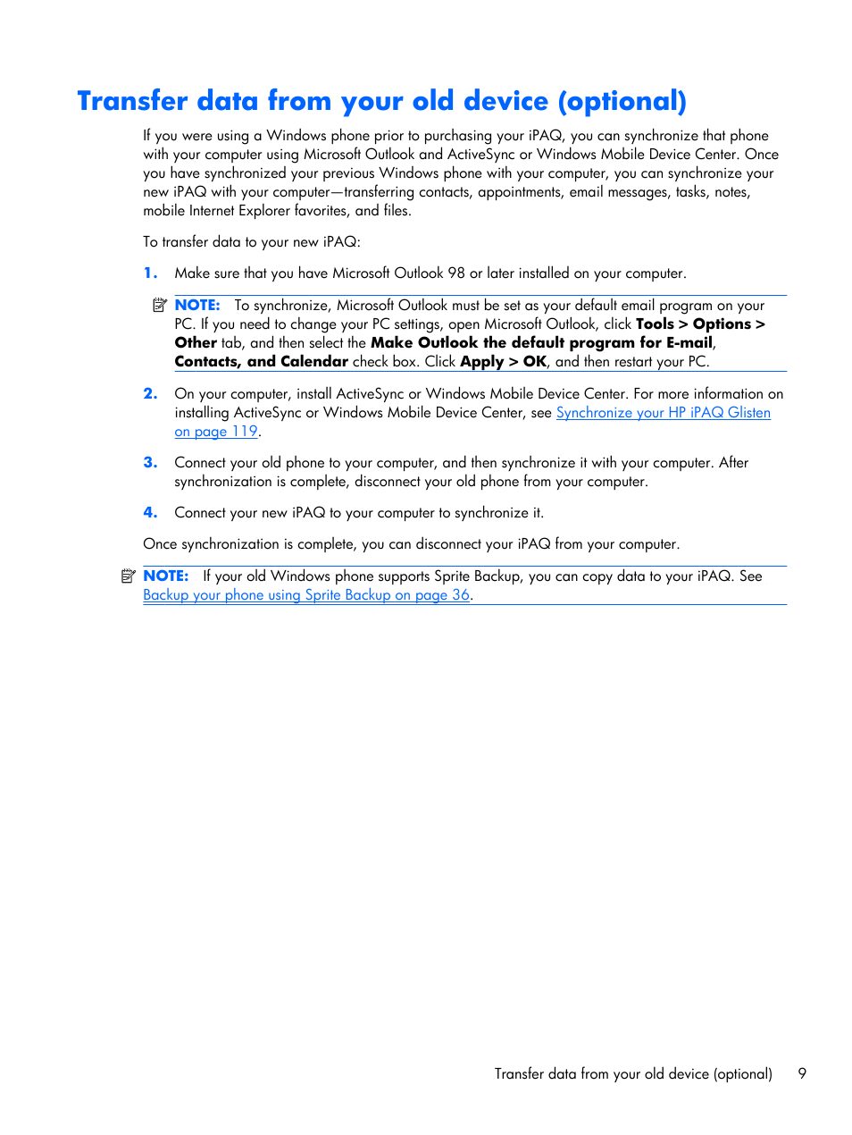 Transfer data from your old device (optional) | HP iPAQ Glisten-AT&T User Manual | Page 21 / 185