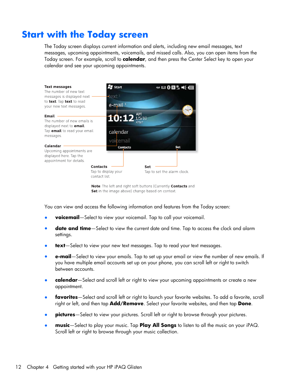 Start with the today screen | HP iPAQ Glisten-AT&T User Manual | Page 24 / 185