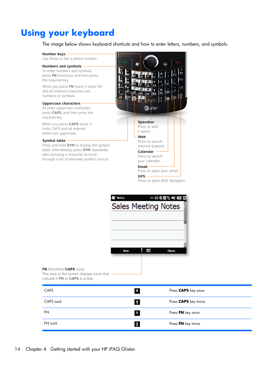 Using your keyboard | HP iPAQ Glisten-AT&T User Manual | Page 26 / 185