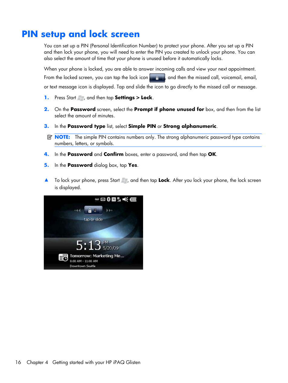 Pin setup and lock screen | HP iPAQ Glisten-AT&T User Manual | Page 28 / 185