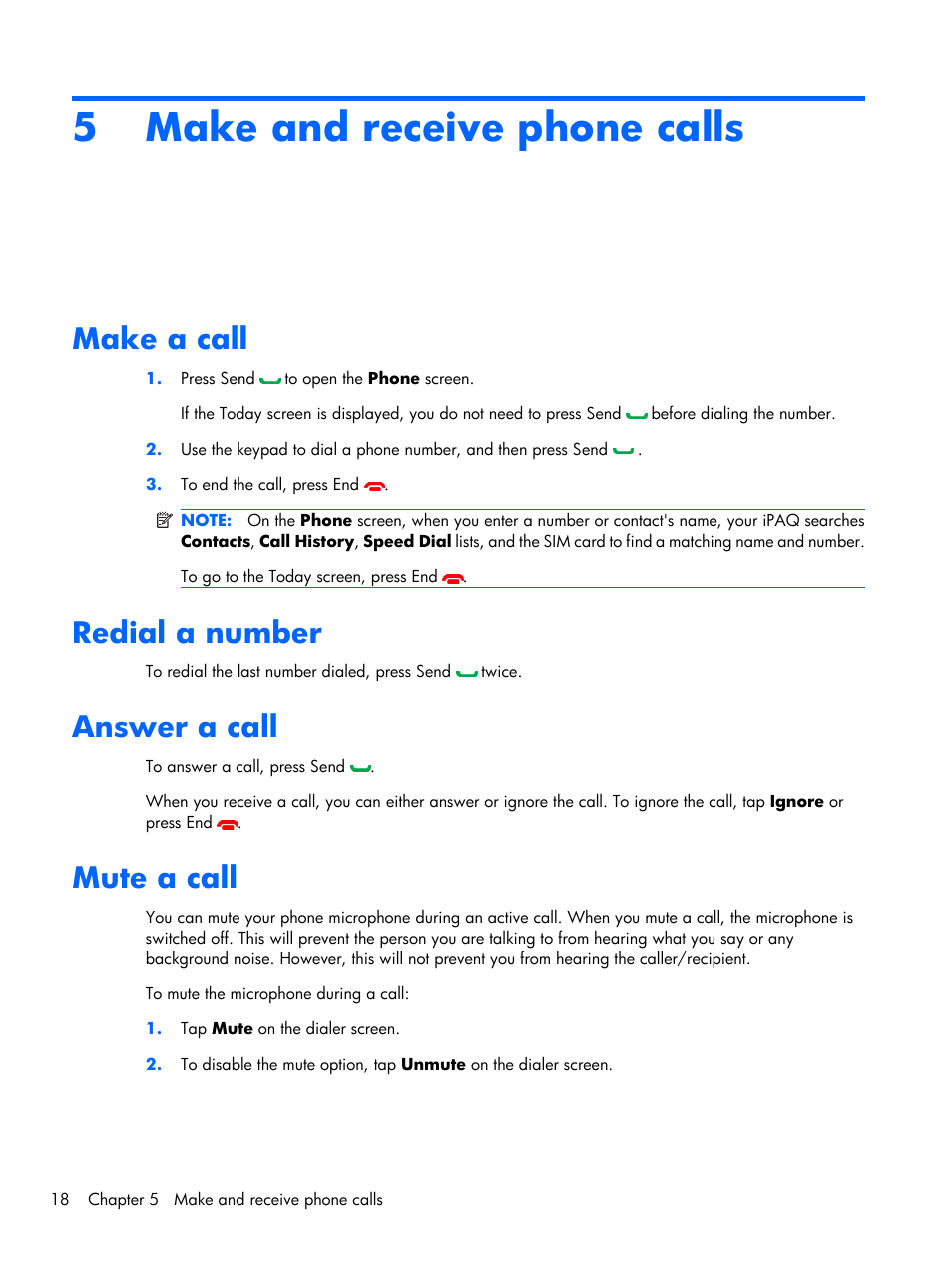 Make and receive phone calls, Make a call, Redial a number | Answer a call, Mute a call, 5 make and receive phone calls | HP iPAQ Glisten-AT&T User Manual | Page 30 / 185