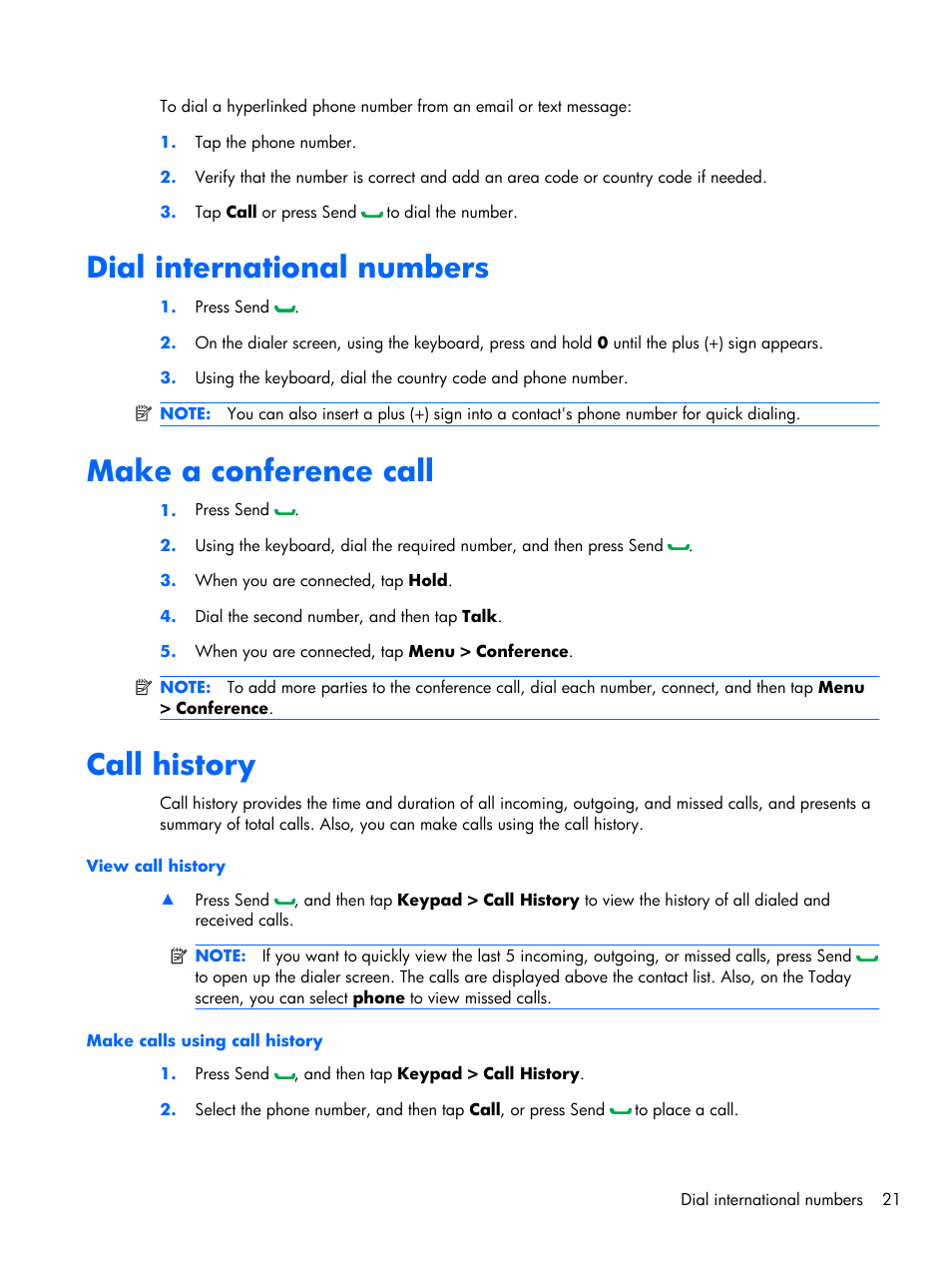 Dial international numbers, Make a conference call, Call history | HP iPAQ Glisten-AT&T User Manual | Page 33 / 185