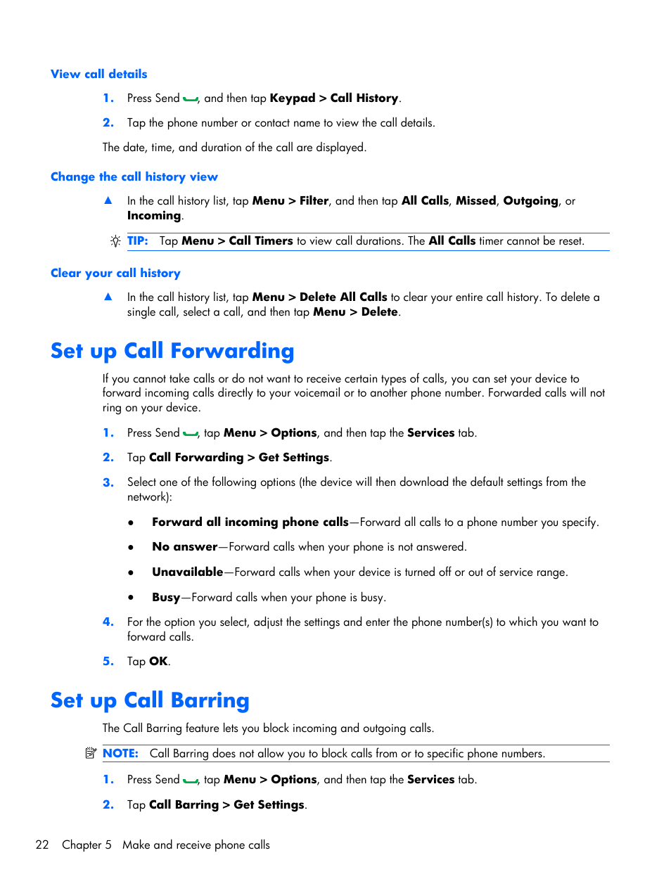 Set up call forwarding, Set up call barring, Set up call forwarding set up call barring | HP iPAQ Glisten-AT&T User Manual | Page 34 / 185