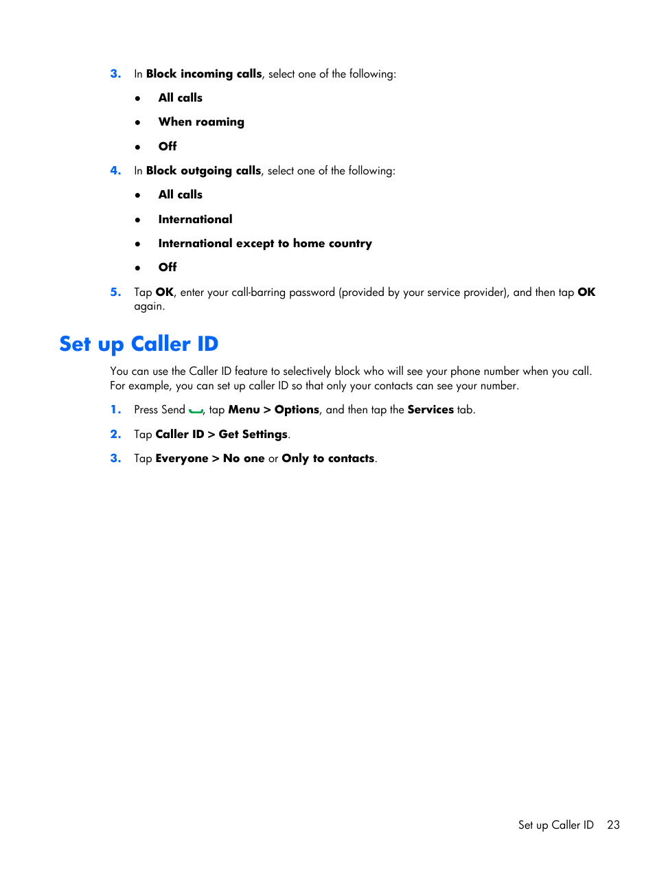 Set up caller id | HP iPAQ Glisten-AT&T User Manual | Page 35 / 185