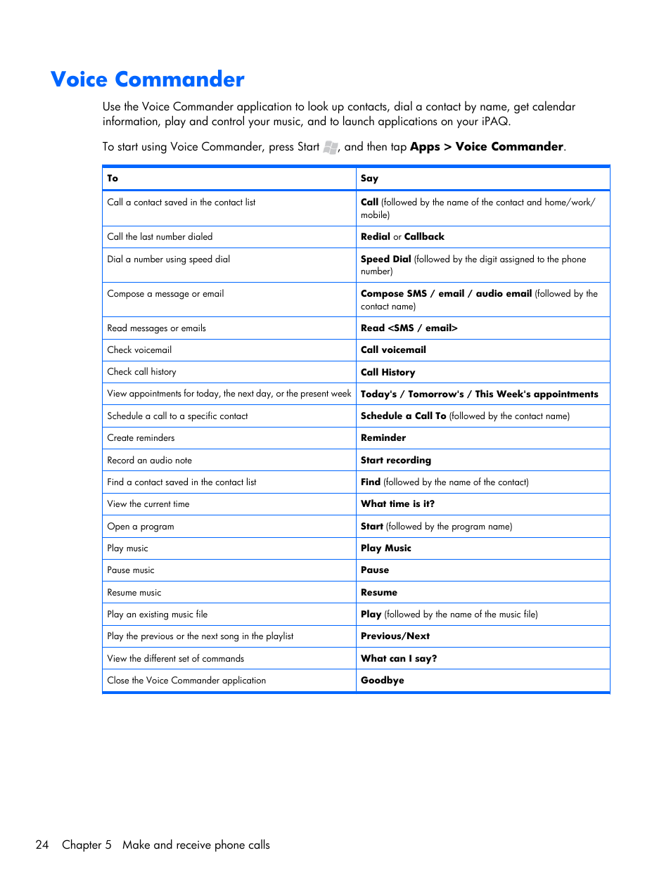 Voice commander | HP iPAQ Glisten-AT&T User Manual | Page 36 / 185