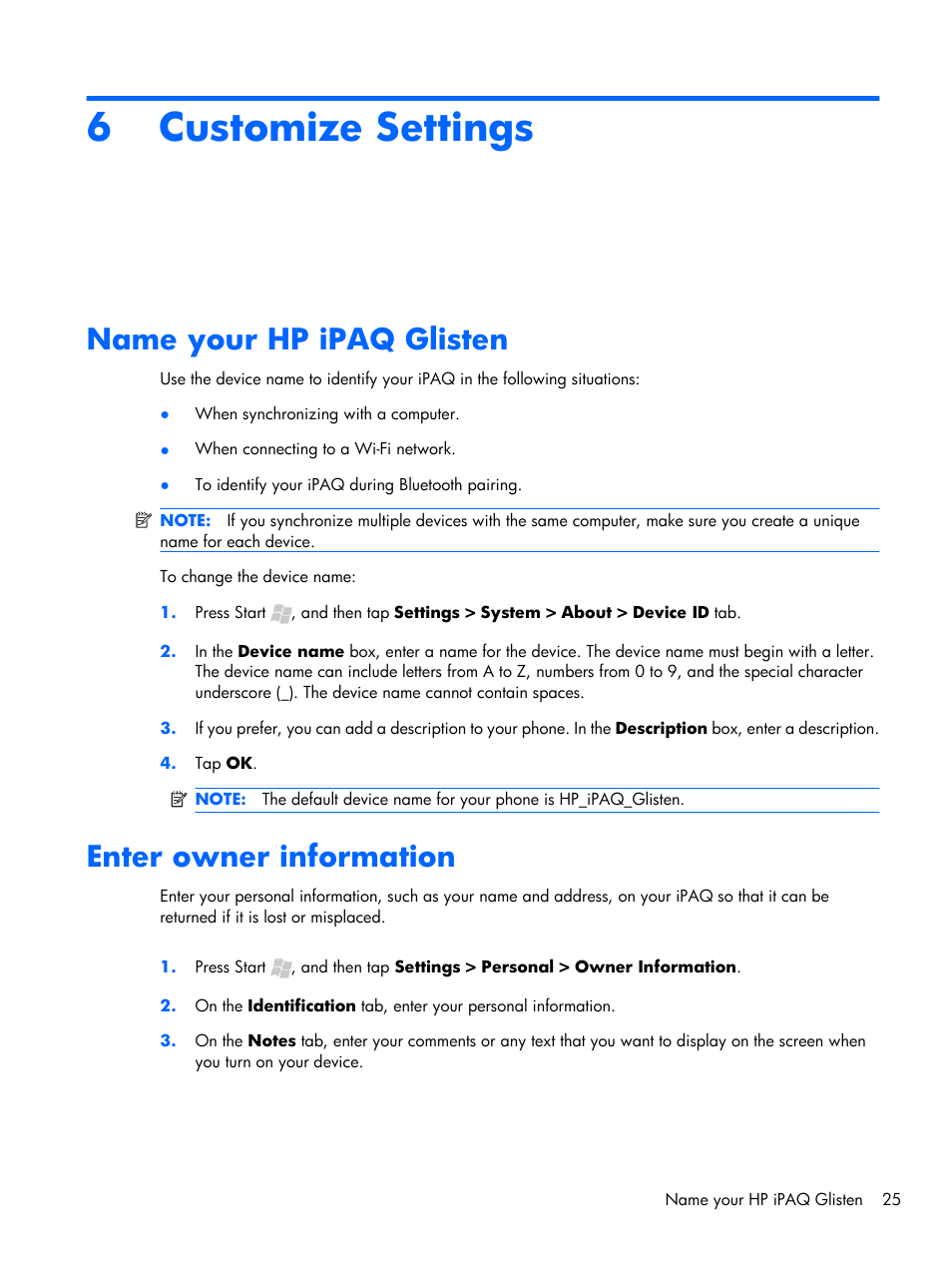 Customize settings, Name your hp ipaq glisten, Enter owner information | 6 customize settings, Name your hp ipaq glisten enter owner information | HP iPAQ Glisten-AT&T User Manual | Page 37 / 185