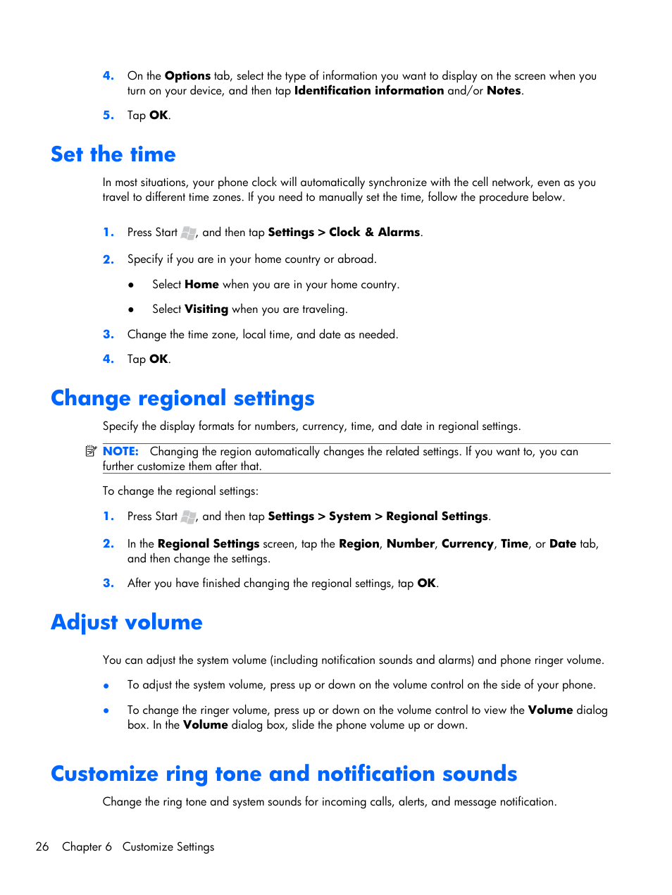 Set the time, Change regional settings, Adjust volume | Customize ring tone and notification sounds | HP iPAQ Glisten-AT&T User Manual | Page 38 / 185